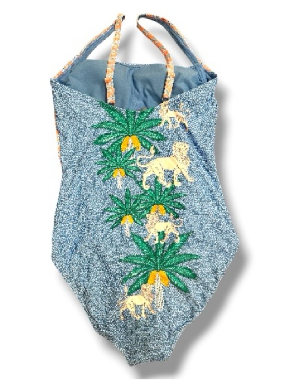 Johnny Was Paolita One Piece Swimsuit Blue Tropical Lion Print Ruched | Size L - Picture 2 of 5